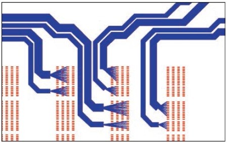 Obr. 1 Znázornění problému vyvedení segmentů spojů od pinů součástky ke vstupu do sběrnice a jejich seřazení ve sběrnici